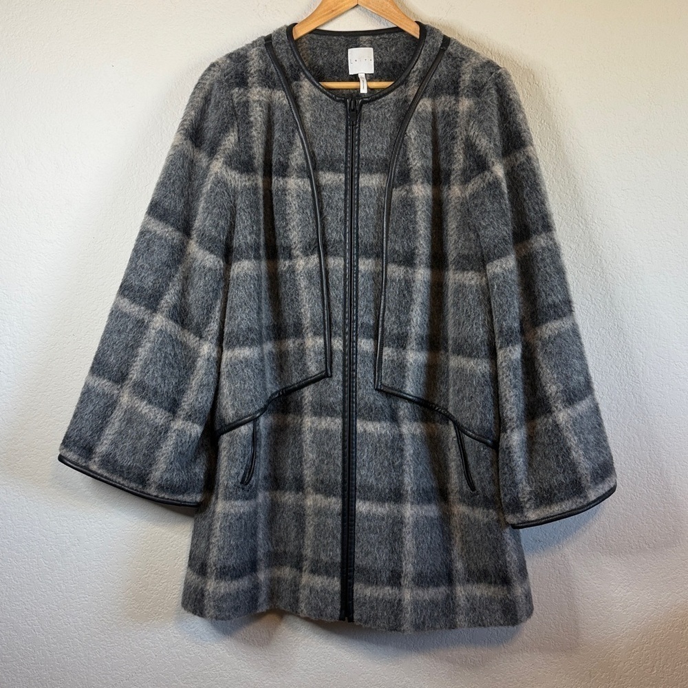 Leith Gray Black Dark Academia Wool Mohair Blend Leather Trim Coat Size Large
